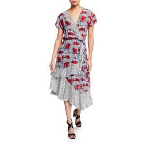 Parker Reina Printed Ruffle Short Sleeve Combo Faux Wrap Midi Dress ￼Size Small